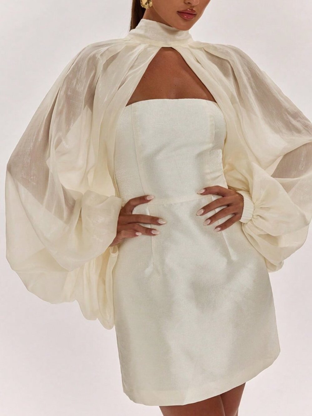 Apricot Elegant Women's Stand Collar Knot tie Up Sheer scarf Fitted Mini Dress